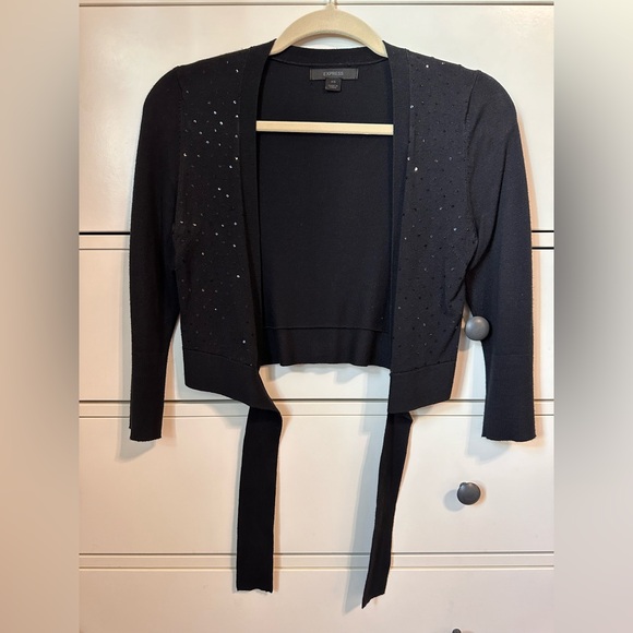 Express Black Three Quarter Length Sleeve Cropped Front Tie Sweater Size XS - Picture 4 of 4